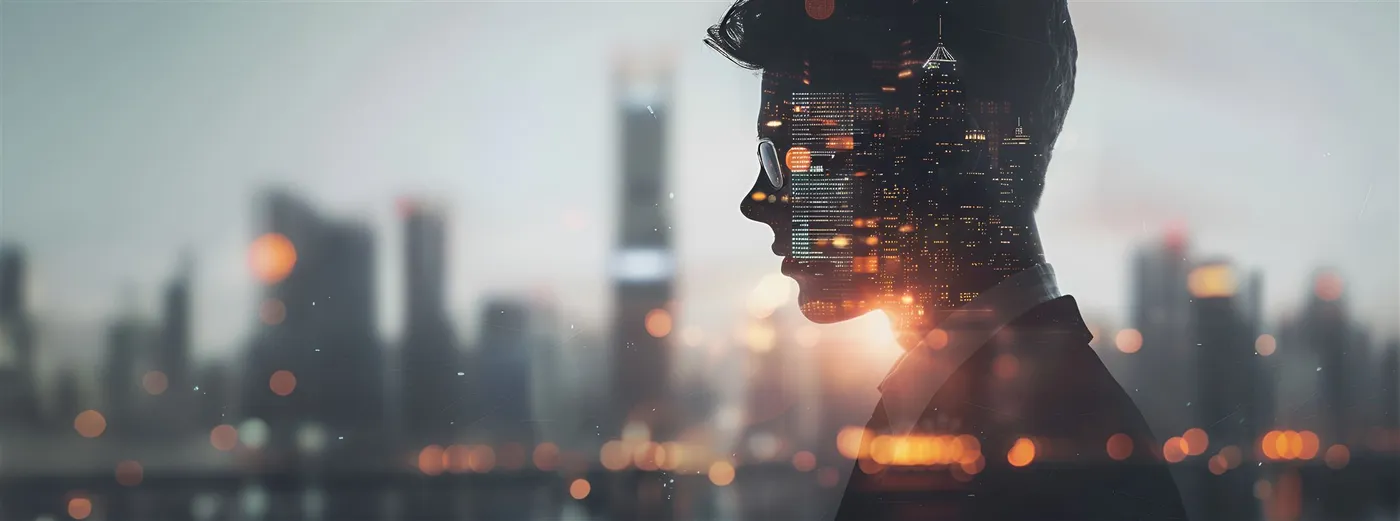 A double-exposure profile of a businessperson merged with a city skyline at dusk