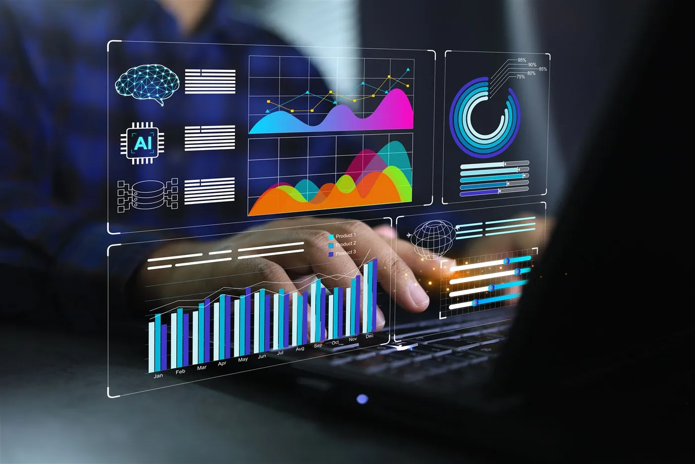 Hands at a laptop with layered analytics charts across the screen