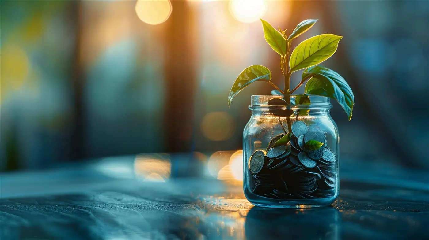 A young plant growing out of a jar of coins