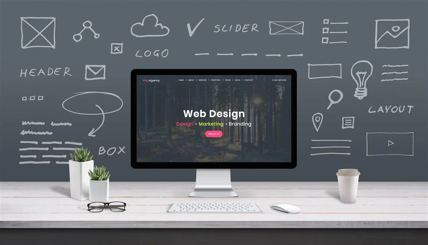 A generic off-the-shelf agency website template on a desktop monitor